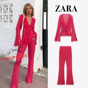 ZARA [ 2 PIECES ] PLEATED RUFFLE TOP + PANTS SET CO-ORD FUCHSIA